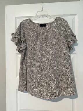 Lane Bryant White Blouse with Black and Cream Dots and Ruffle Sleeves